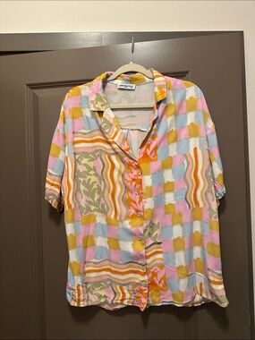 Princess Polly Pastel Patchwork Button-Up Shirt in Pink, Yellow, Blue, Green